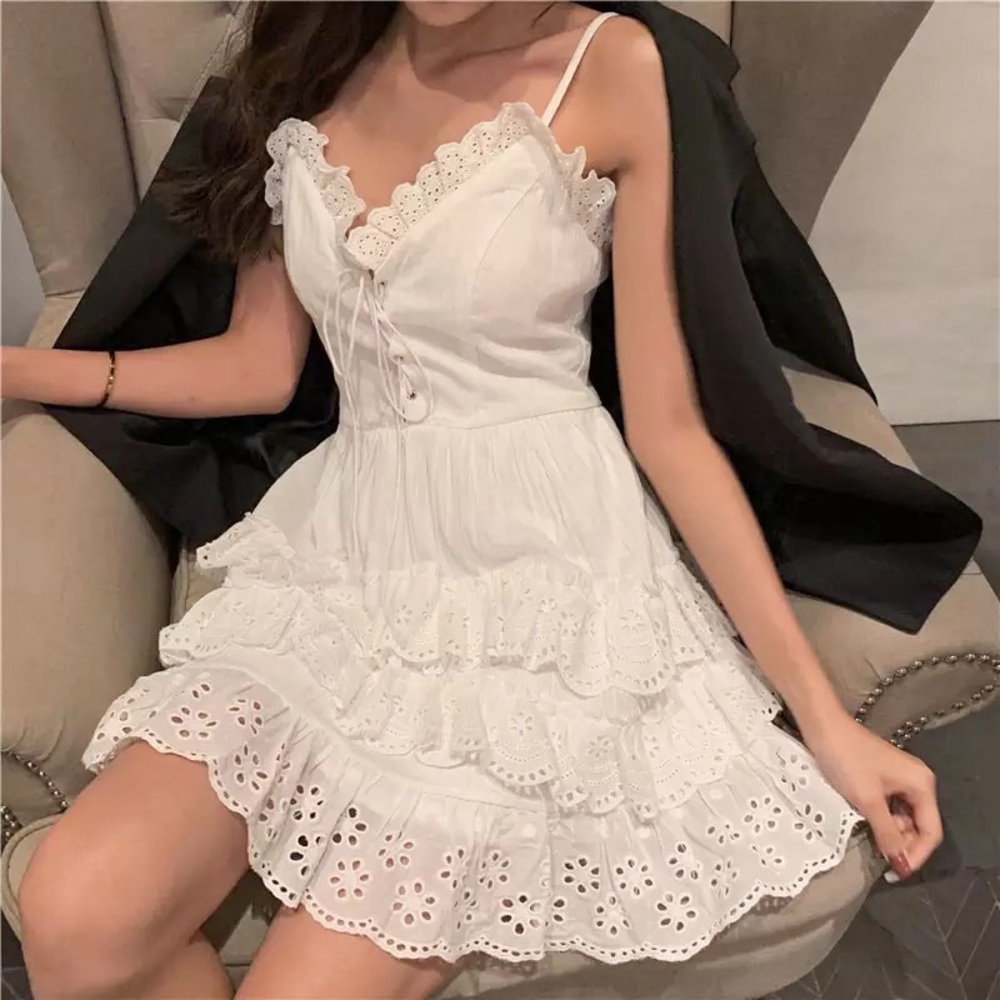 Dress floral embroidery Ruffle Strappy summer sun dress womens